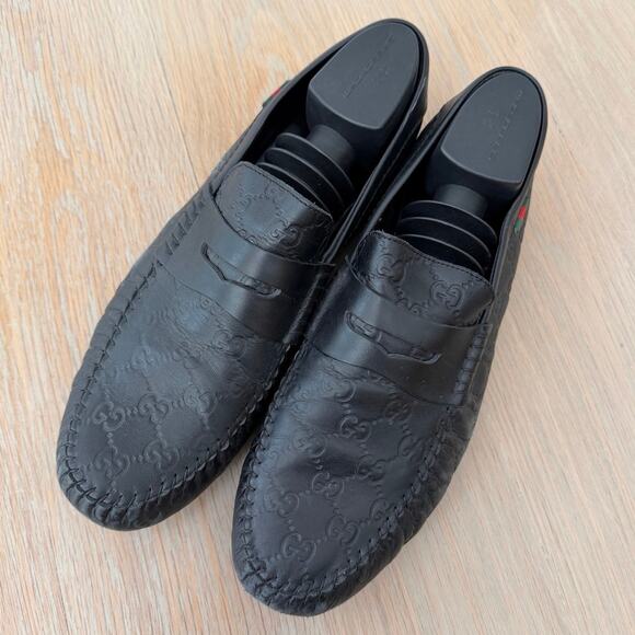 Gucci Guccissima Leather Loafers Black Men’s Size 12 Slip On Driving Shoes Italy